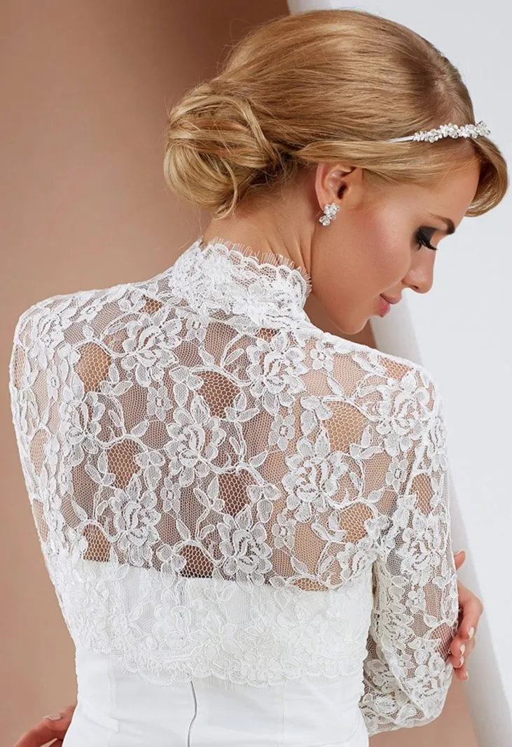 ---Coprispalle da sposa in pizzo online con maniche tre quarti--