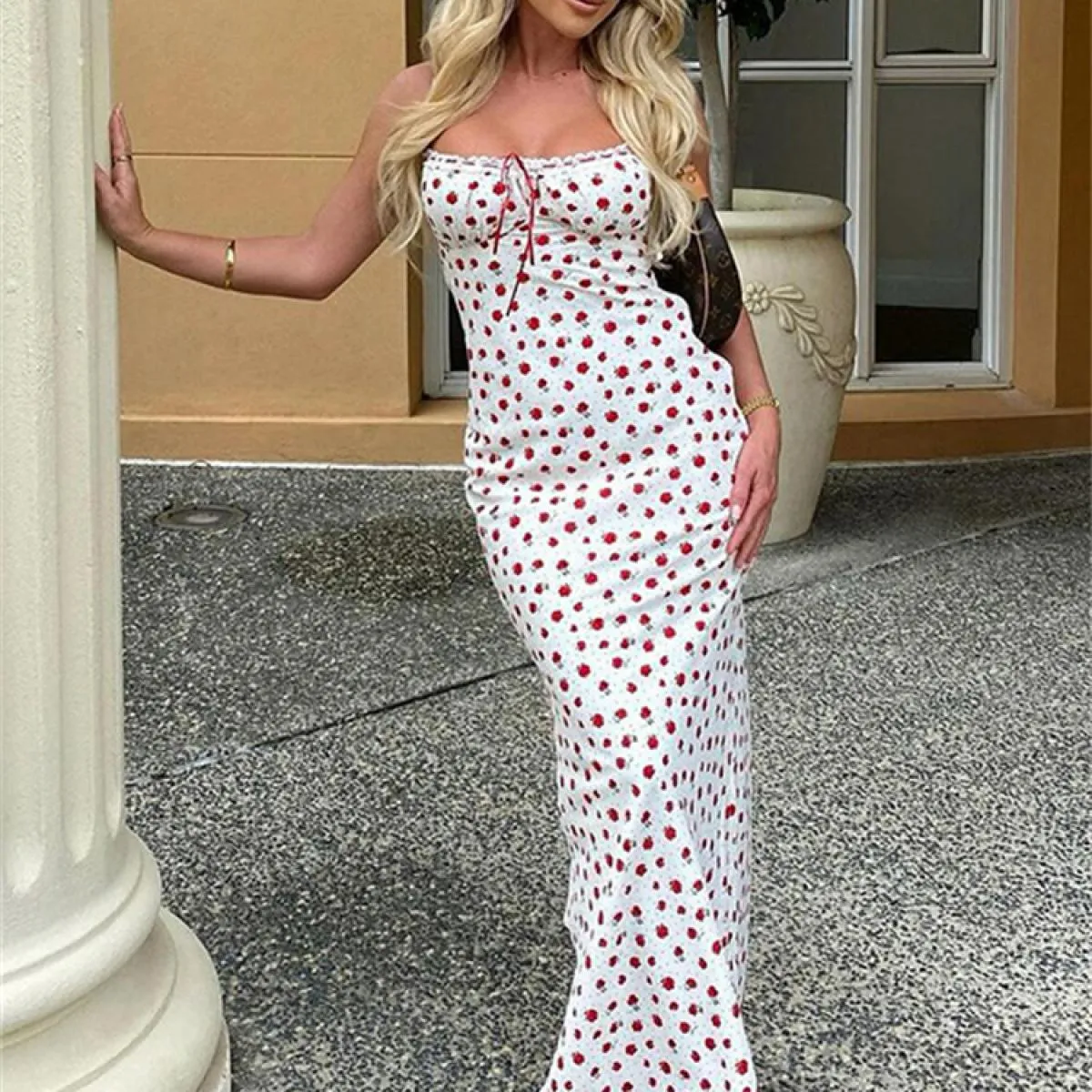 Abiti con scollo all'americana senza schienale con volant, pizzo femminile, elegante vita alta, patchwork, abiti da festa,