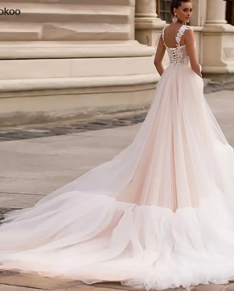 Abito da sposa in tulle Boho per donna Spaghetti con scollo a cuore principessa