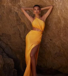 Abito lungo da donna monospalla con scollo a V Abito estivo dorato senza maniche drappeggiato con spacchi sottili Celebrity Part