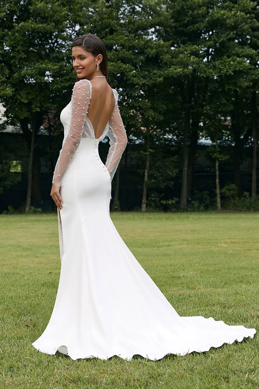Avorio illusione maniche lunghe senza schienale sirena abito da sposa con fessura