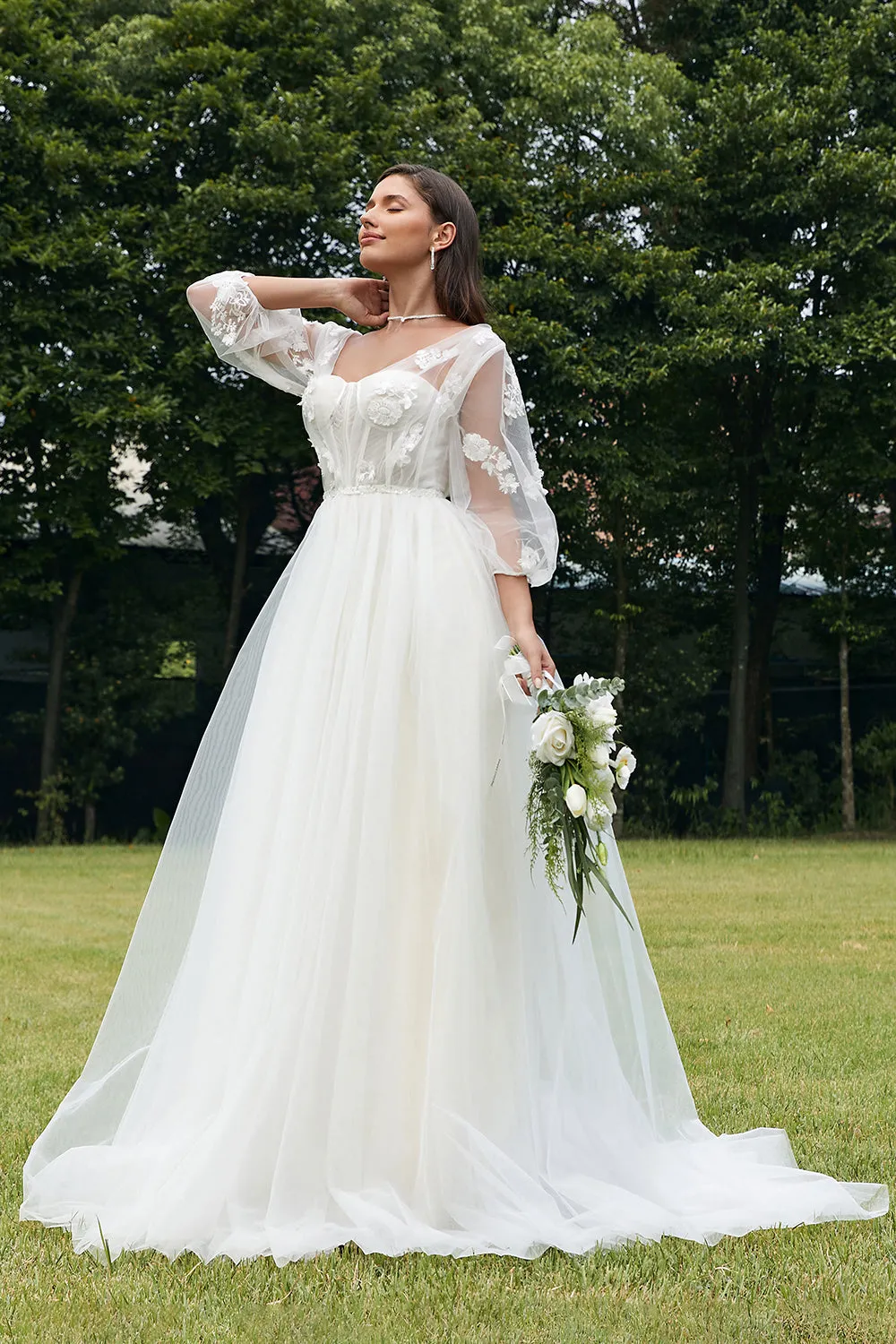 Avorio maniche a sbuffo Corsetto Abito da sposa con fiori 3D
