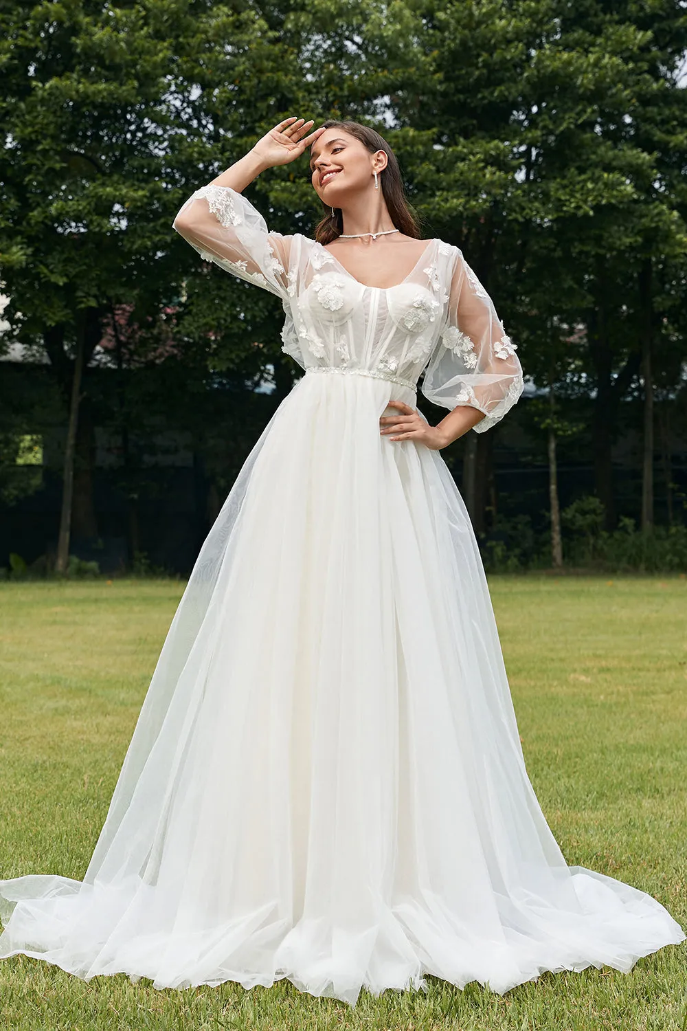 Avorio maniche a sbuffo Corsetto Abito da sposa con fiori 3D