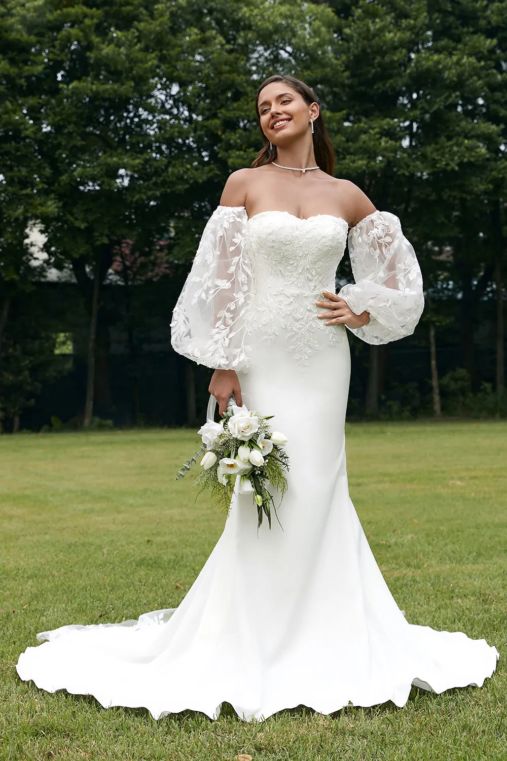 Avorio Sirena Sweetheart Detachale Abito da sposa maniche lunghe con pizzo