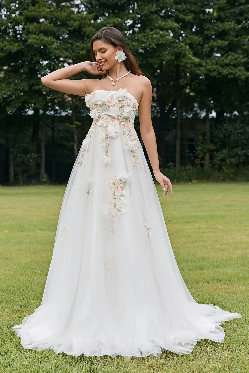 Avorio staccabile maniche lunghe sweep treno abito da sposa con fiori 3D