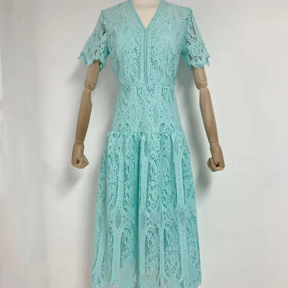 E il 2023 primavera e autunno nuovo prodotto scollo a V a maniche corte in pizzo patchwork abito lungo in vita per le donne