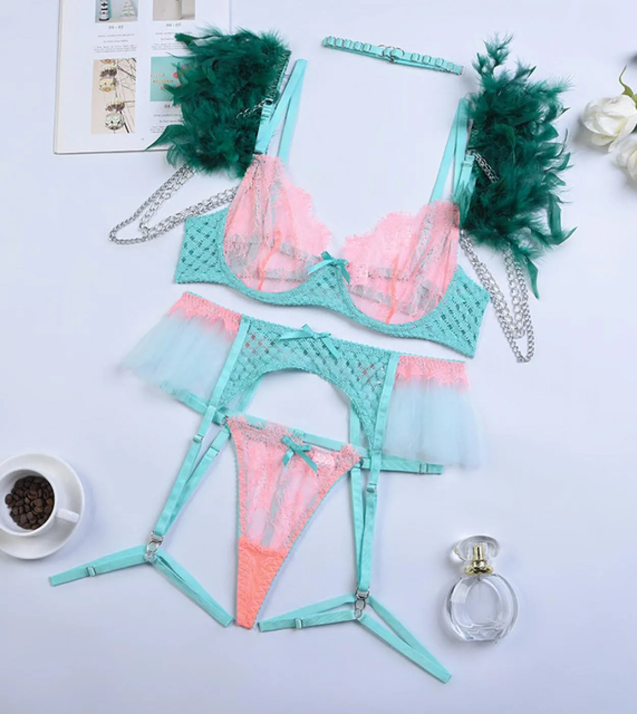Ellolace Lingerie Intimo da donna Lingerie Reggiseno trasparente Set di lingerie 4 pezzi