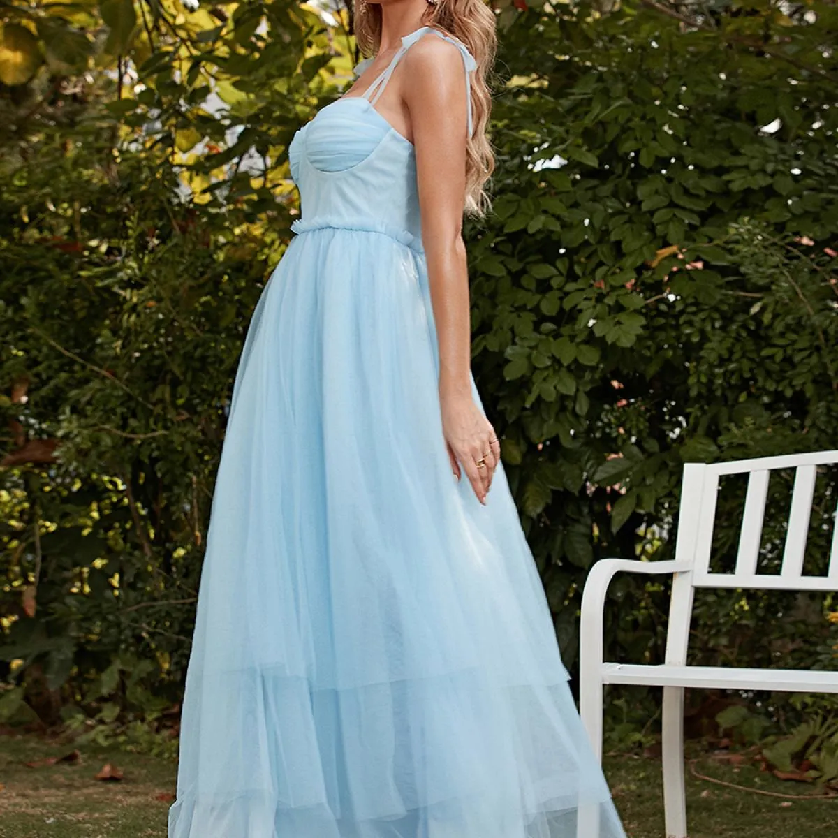 Missord Strap Layered Layer Mesh Abito estivo da donna Bohemian Aline Beach Abiti lunghi Holiday Blue Frills Vestido Party E