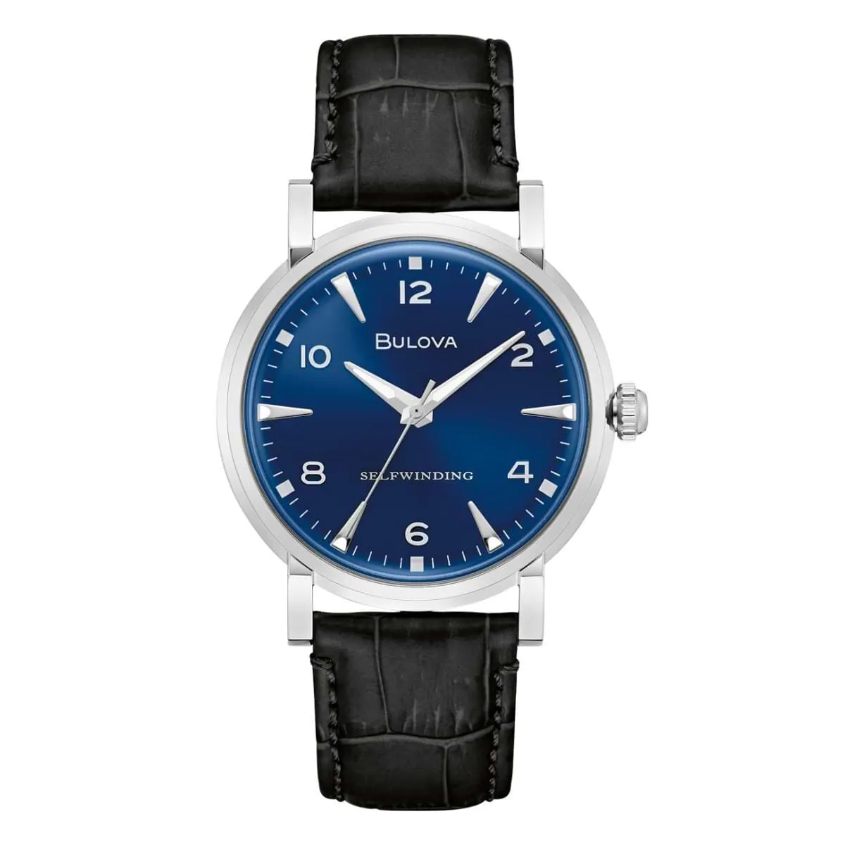 Orologio Meccanico Bulova Clipper 96a242 Cassa Rotonda Acciaio Argentato 39 mm Quadrante Blu Cinturino Pelle Nero