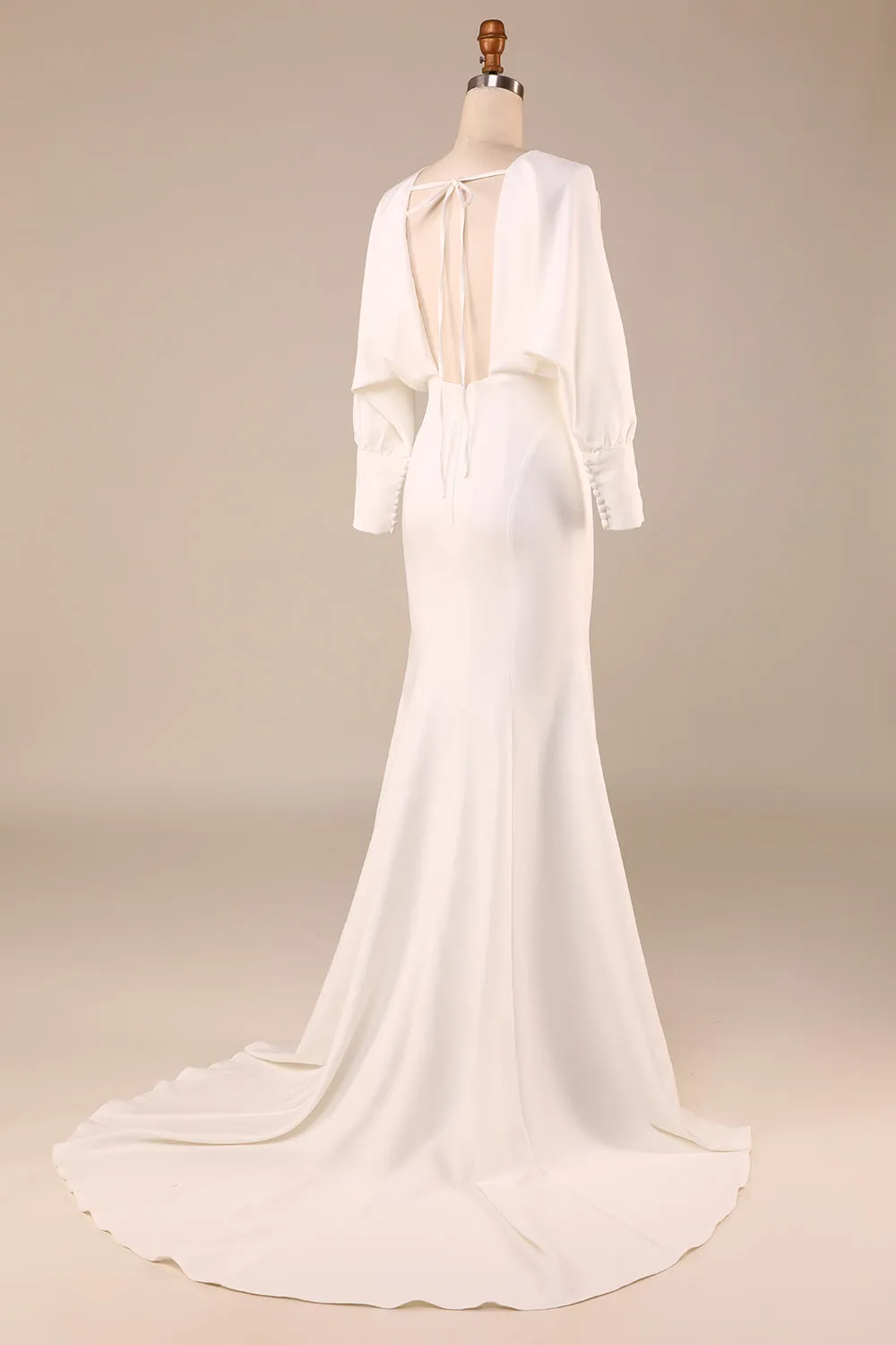 Semplice avorio sirena maniche lunghe profondo scollo a V abito da sposa