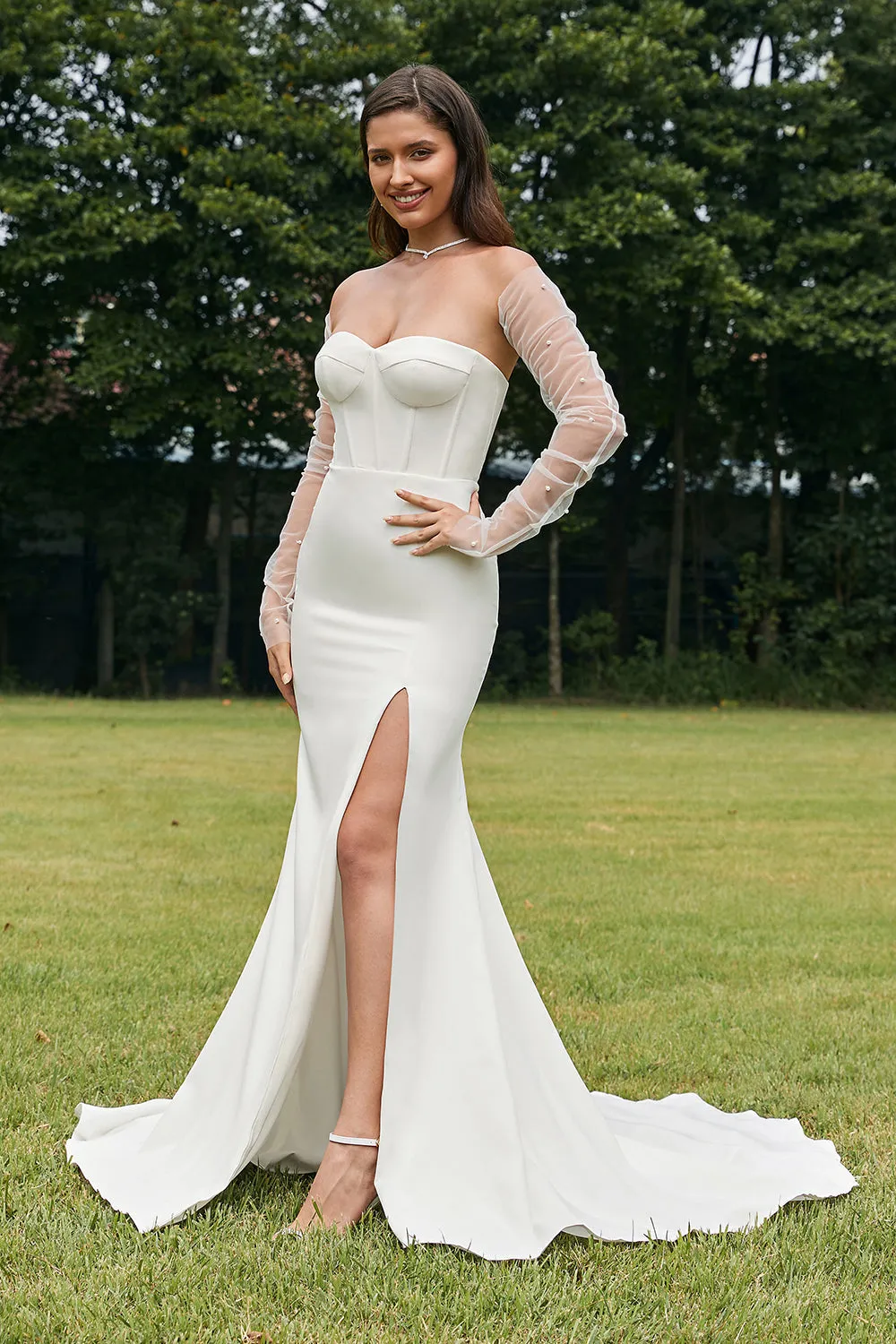 Semplice avorio staccabile illusione maniche lunghe sirena abito da sposa con fessura