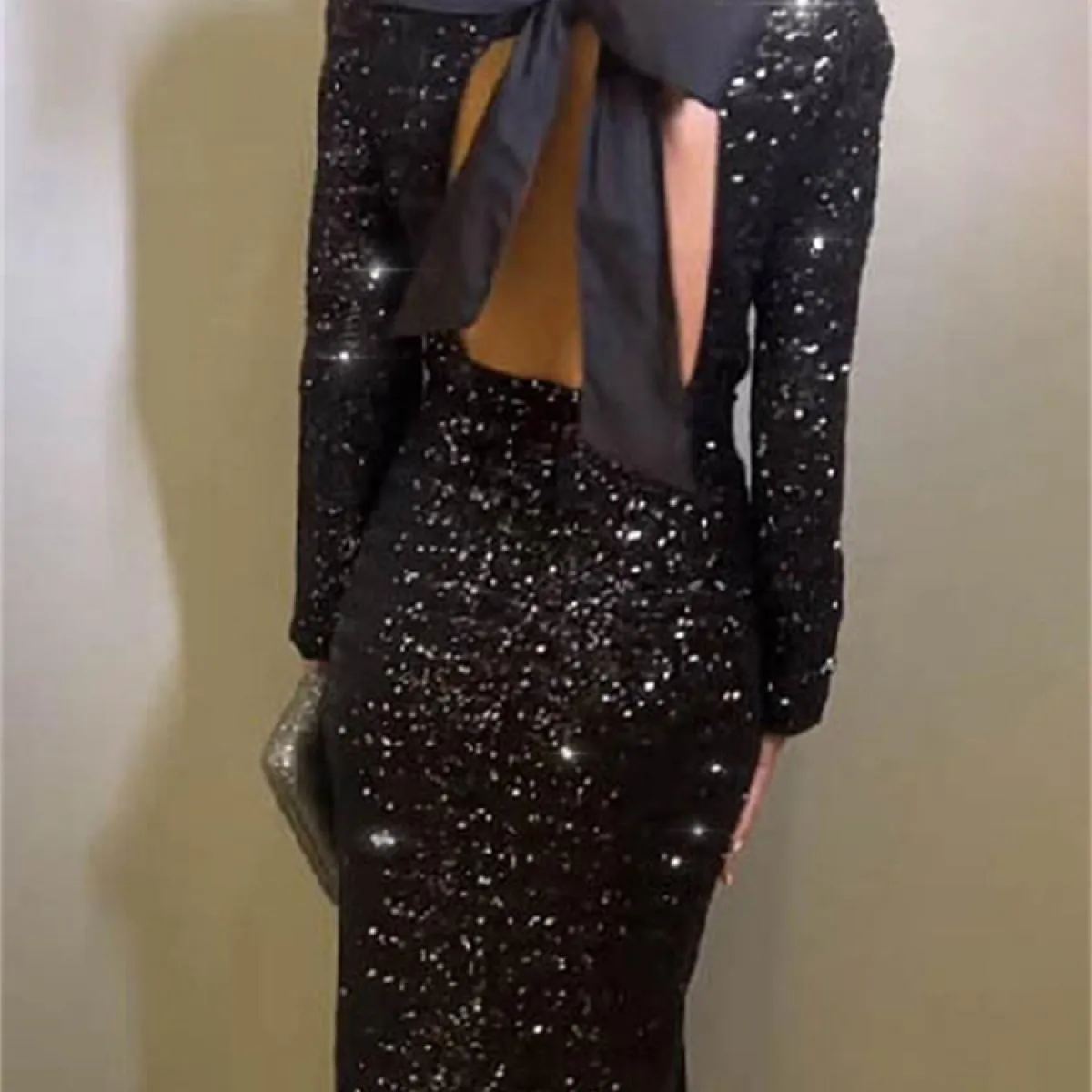 Tee Bow Paillettes Abito maxi slim per donna Abito da donna con spacco glitterato senza schienale elegante Club Fashion Pa